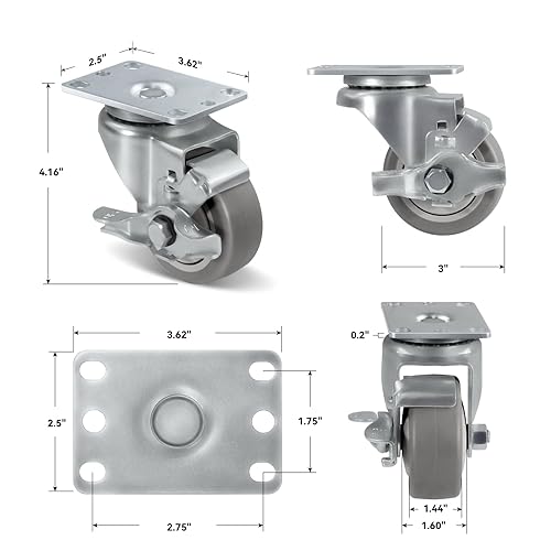 Miniatura 43 de Ruedas giratorias de 3.5 pulgadas, ruedas giratorias resistentes con freno, capacidad de carga de 1000 libras en total (2 frenos y 2 giratorios)