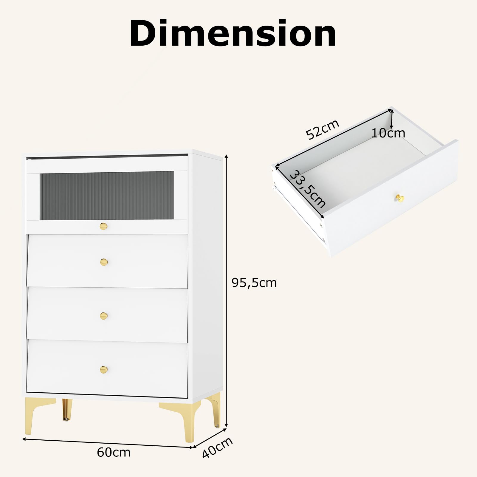 KOMFOTTEU Commode 3 Tiroirs, Armoire à Porte en Verre, 60x40x95,5cm