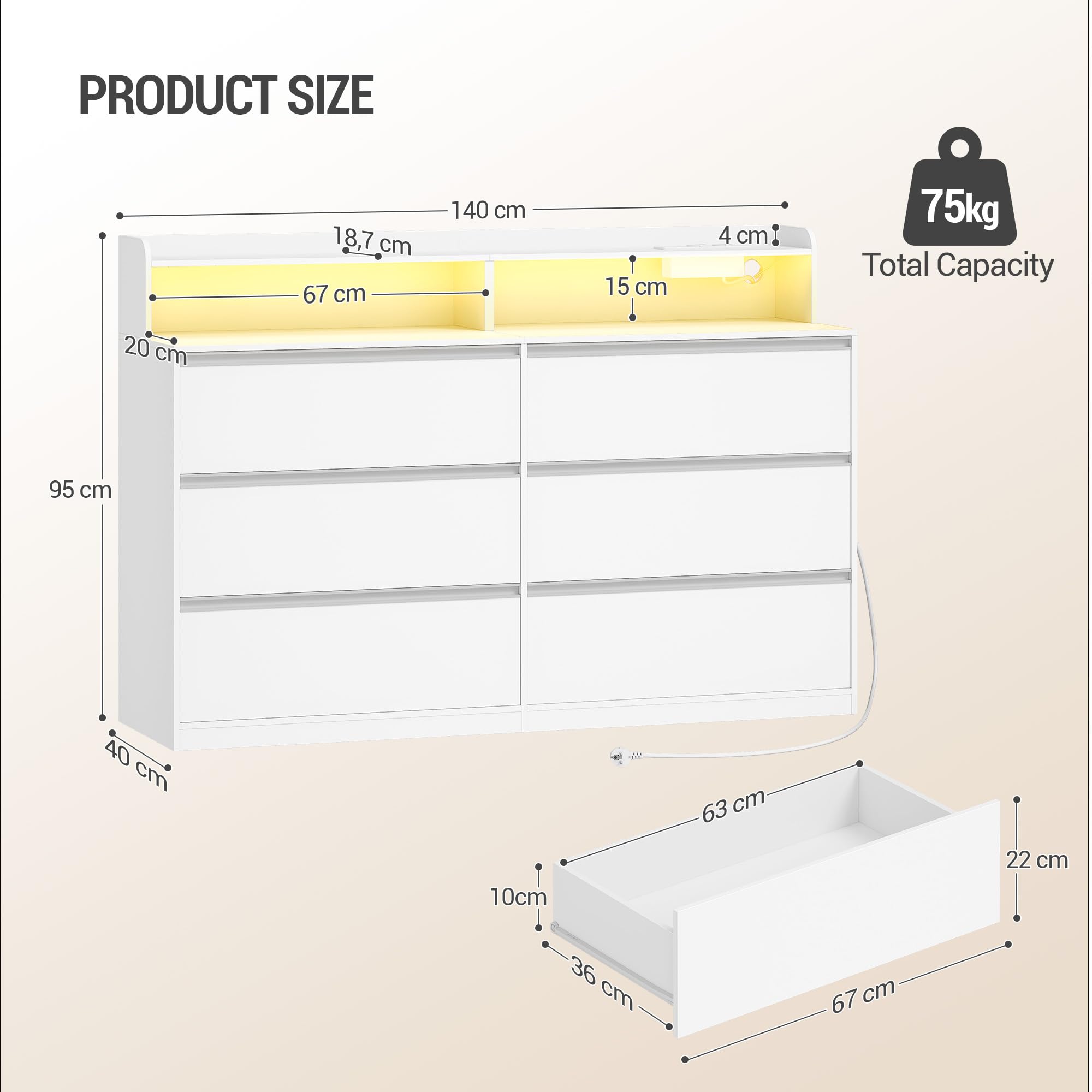 Hzuaner Cómoda Equipada con LED y Regleta de eEnchufes, 6 cajones, Cómoda para Dormitorio, Mueble Almacenaje con Cajones para Dormitorio, Armario, Pasillo, Salón 40 x 140 x 95 cm Blanco 1214003XEU