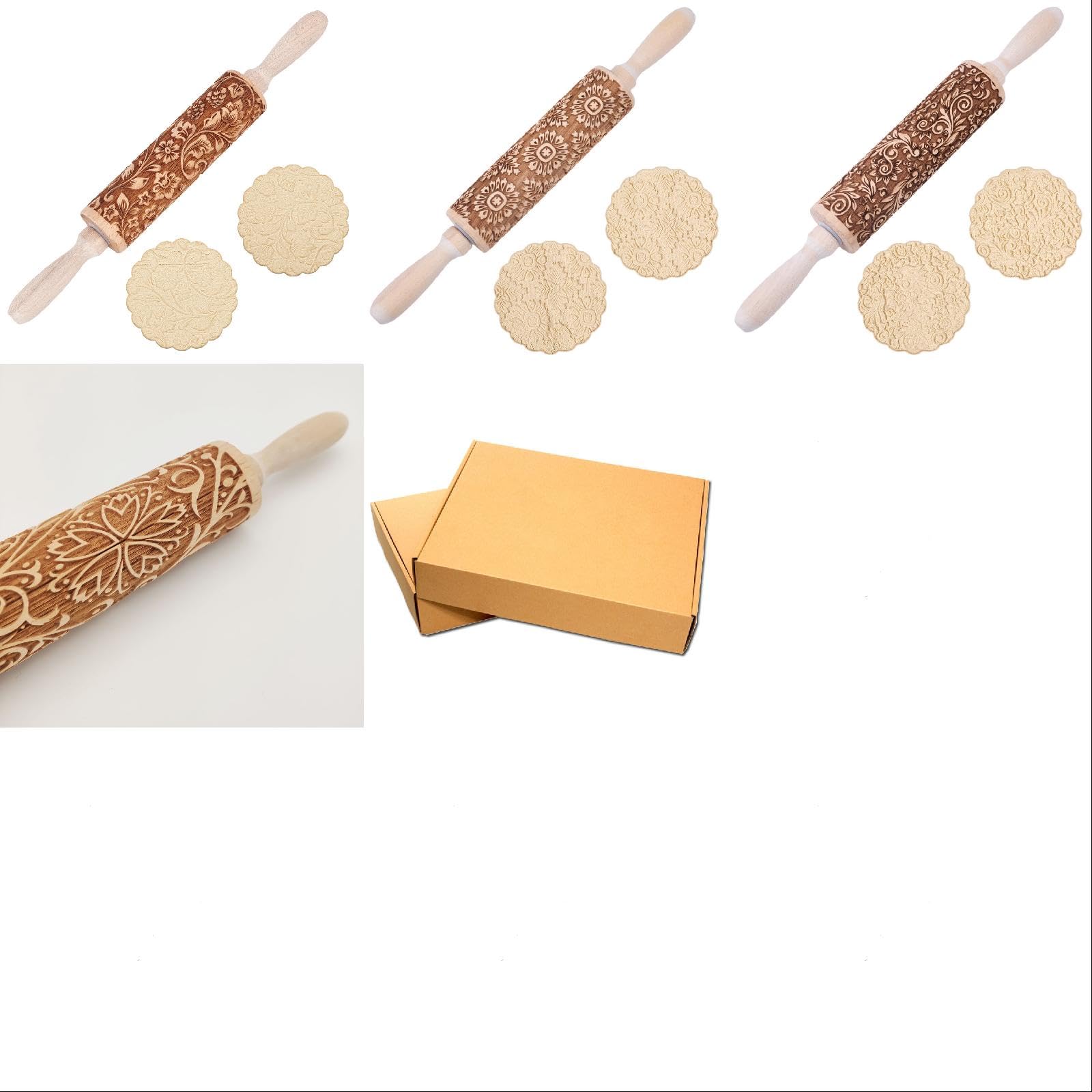 4 Stück Geprägte Holz Nudelholz 3D Blume Rattan Muster Nudelholz 13.7" Graviert Teigrolle für Backen Kekse Muster Selbstgemacht Bäckerei Gebäck Keks DIY Küche Werkzeug