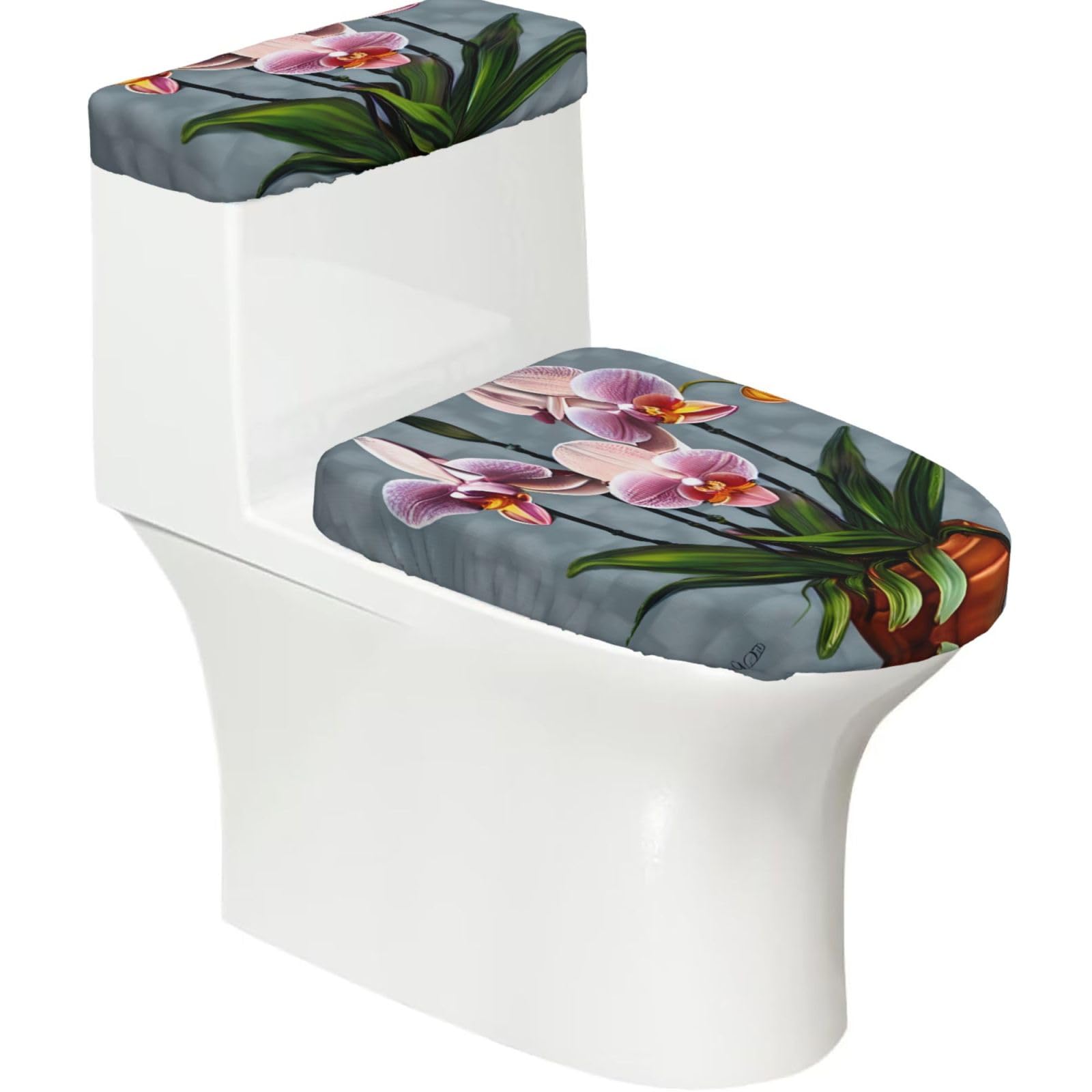 Blooming Orchids 2-Piece Toilet Seat Cover Set with Tank Lid - Elastic for U-Shape & Elongated - Bathroom Decor