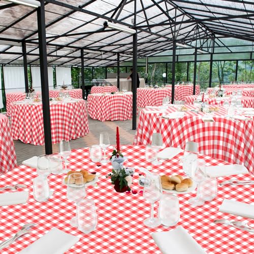 Image of 12 Pack Red and White Plastic Checkered Tablecloth Round, Premium Decorative Disposable Red Gingham Plaid Table Cloths for Parties, Round Party Table Cover for Picnic Farm Birthday Wedding, 84 Inch