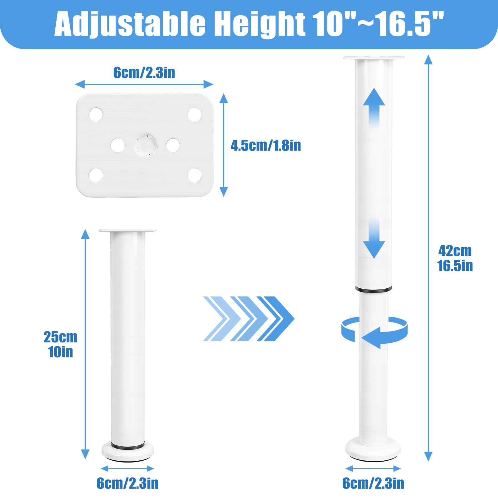 4 Patas para Muebles Blancas de Acero, Patas Ajustables para Muebles de Sofá, Cama, Armario, Zapatero y Baño, Carga 300kg, Cuadradas con Base ABS Antideslizante, 20 Tornillos (25-42cm)