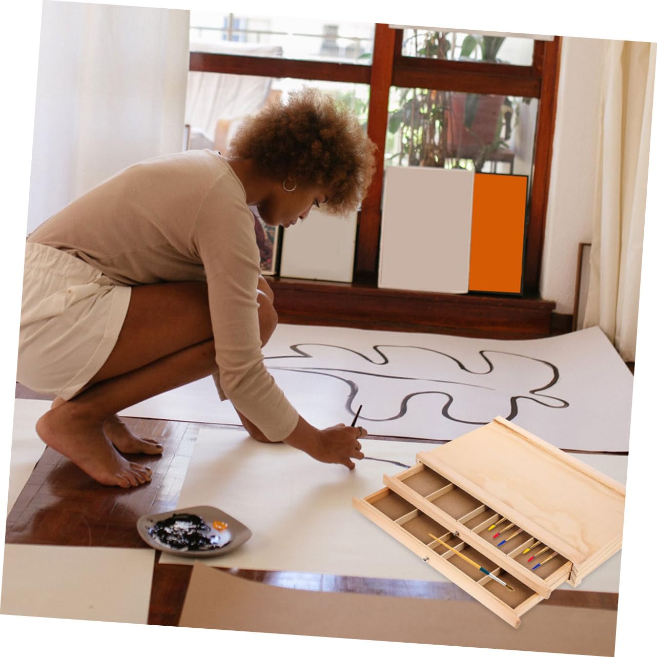 Boîte de Rangement pour Matériel Artistique Bois Organisateur de Peinture et Dessin
