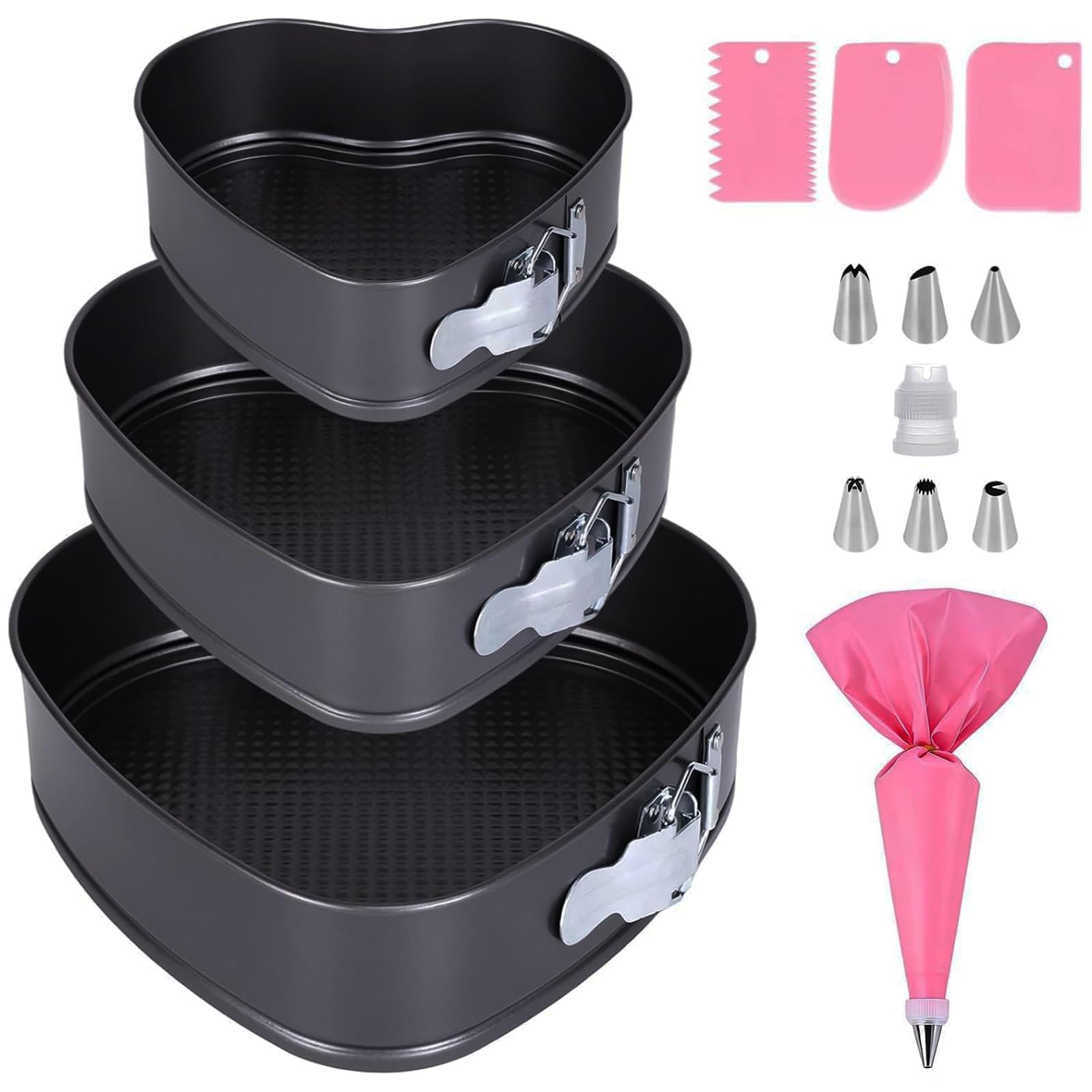 COEWUR 3 Pcs Heart Shaped Cake Tin with Piping Bags and Nozzles Set
