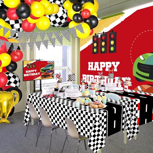 Image of WNINK 2 Pack Race Car Table Cloth and Black White Gingham Tablecloths Disposable Plastic Buffalo Check Tablecloth Checkered Flag Covers for Birthday, Outdoor Picnic, Birthday, Camping 54 x 108 Inch