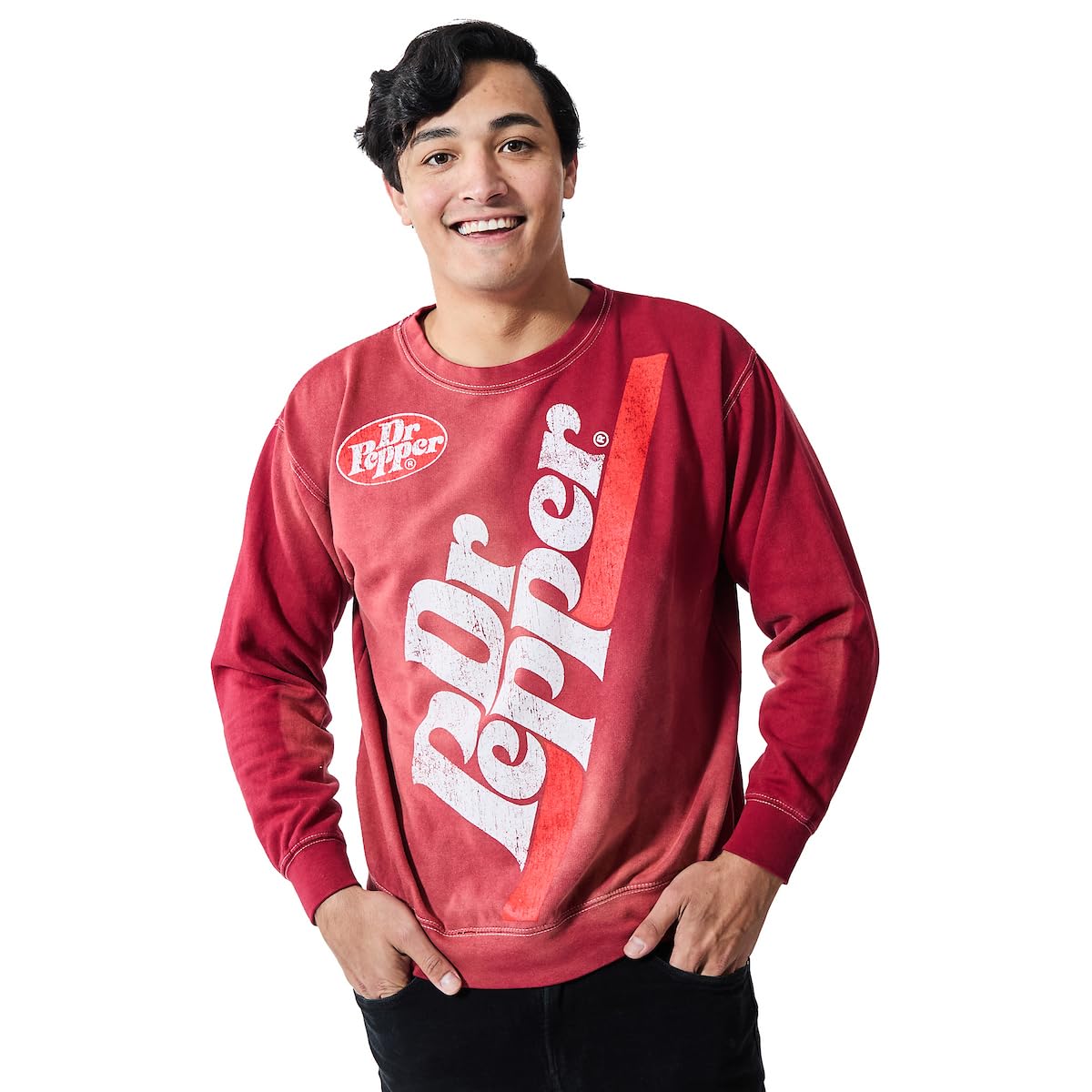 Bioworld Dr Pepper Oversized Distressed Vintage Logo Adult Unisex Potassium Washed Crew Neck Long Sleeve Sweatshirt, Red, Medium