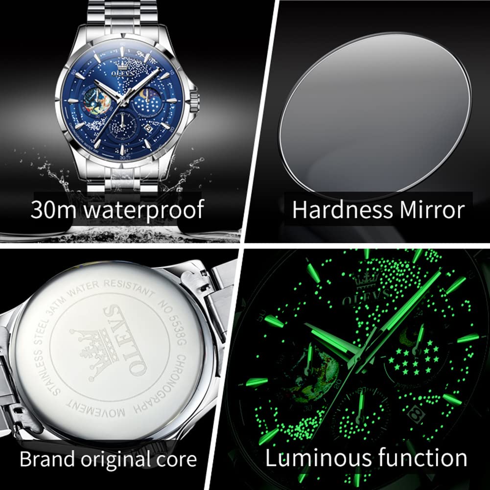 OLEVS Montre pour homme avec cadran à quartz analogique et motif ciel étoilé et lune - Étanche et lumineuse, Bracelet argenté cadran bleu, Montres à quartz
