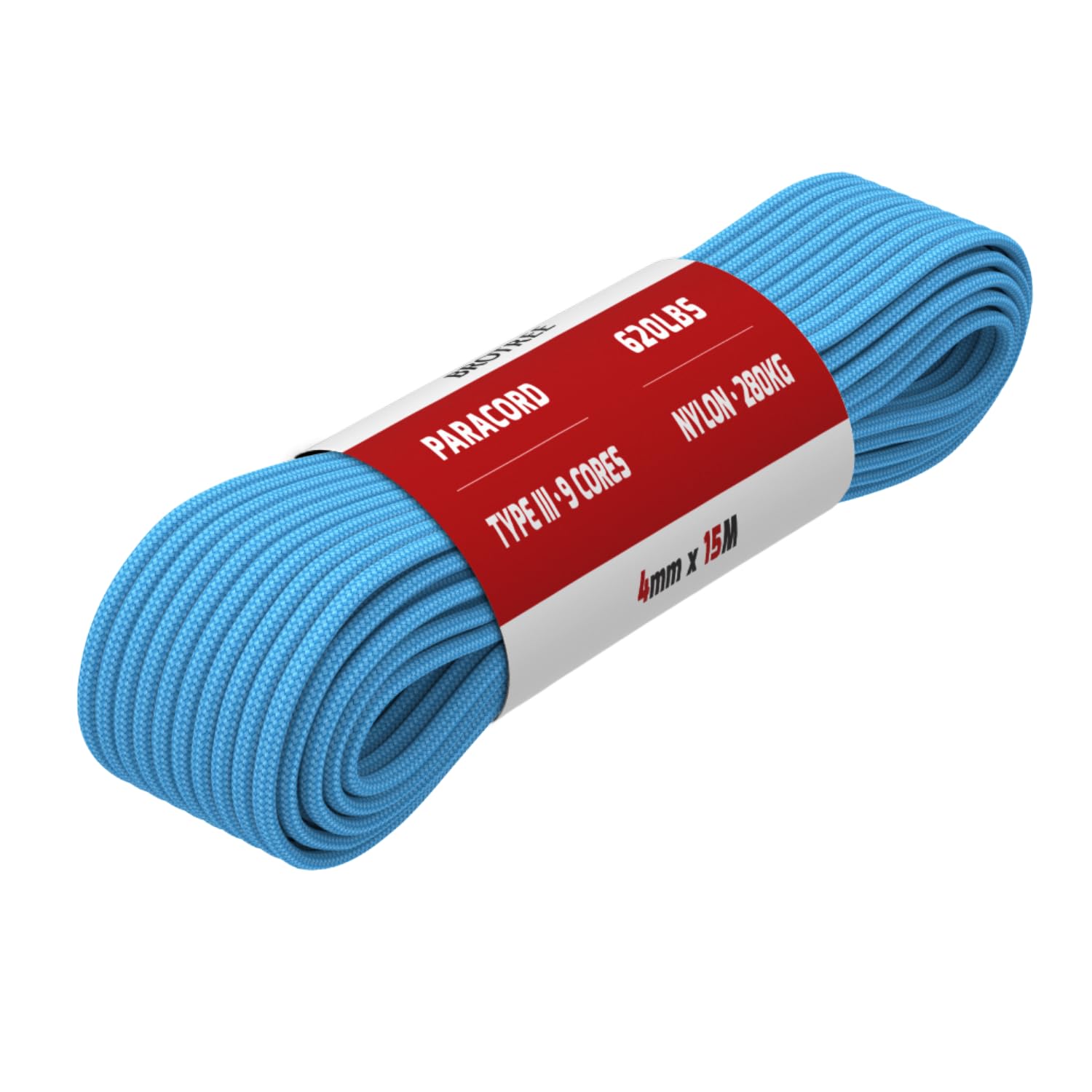 Brotree Paracord 4mm 15M 9 Strands 100% Nylon Rope Type 3 Parachute Cord for Outdoor, Bracelet, DIY - 280kg Breaking Load (Sky Blue)