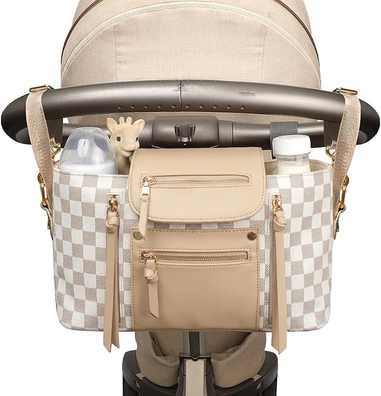 Checkered Stroller Caddy with Insulated Cup Holder Universal Stroller Organizer Bag Baby Storage Bag with Adjustable Strap, Fits for Baby Carriage like Uppababy, Baby Jogger, Umbrella