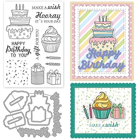 INFUNLY Happy Birthday Clear Stamps and Dies for Card Making DIY Metal Die Cuts Cake Silicone Stamp Christmas Thanksgiving Gifts for DIY Craft Scrapbooking Decor Cover