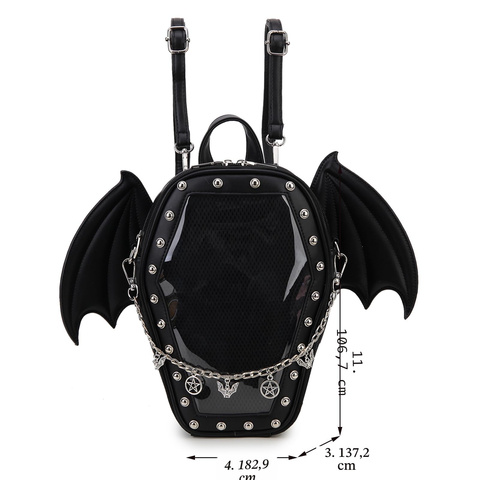 Punk Coffin Shaped Gothic Ita Pins Backpack Clear Window Women Halloween Handbag and Crossbody Bag with Inserts for Pins Display
