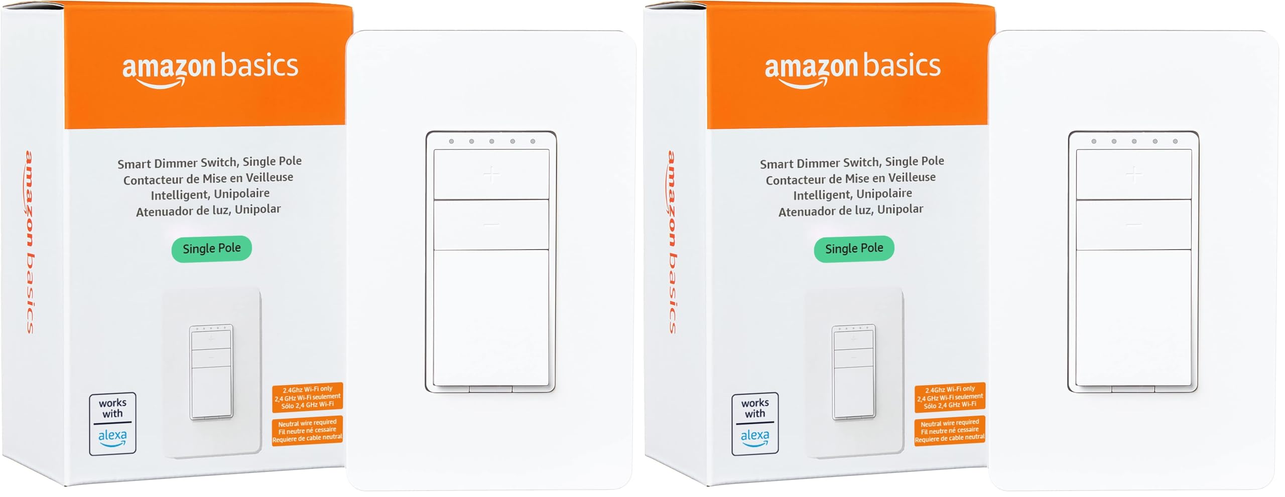 Amazon Basics Smart Dimmer Switch, Single Pole, Compatible with Alexa Only, Voice Control, 2.4 GHz Wi-Fi, No Hub Required, Neutral Wire Required, White (Pack of 2)