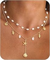 JALZEMPL Shell Charm Necklace for Women - 14K Gold Plated Seashell Starfish Pearl Layered Boho Beach Pendant Summer Jewelry Gift
