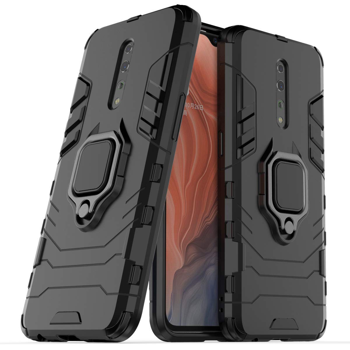 MRSTER Oppo Reno Z Custodia, Armor Custodia con 360 Gradi Girevole Anello, Silicone TPU e PC Doppio Strato Bumper Protettiva Cover per Oppo Reno Z. HB Black