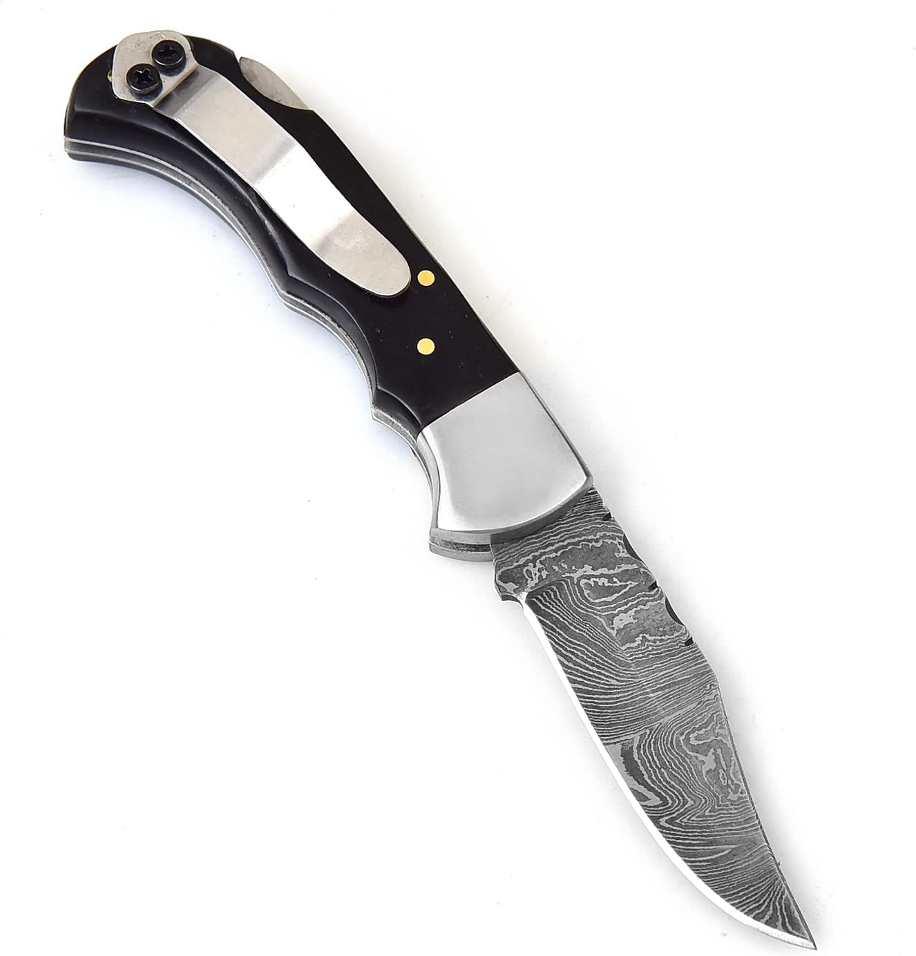 606H Damascus Steel knife - Pocket Folding Knife with Clip - Handmade Custom knife - Damascus Pocket knife for Men – Cool Pocket Knife Good For Camping Hunting Fishing Indoor & Outdoors Activities - EDC Damascus knife - Folding Hunting Knives - Leather Sheath - Folding Pocket Knife by GladiatorsGuild 606H (Black)