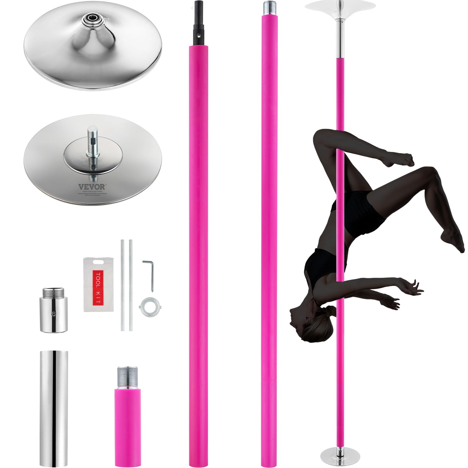 VEVOR Professional Dancing Pole, Spinning Static Dancing Pole Kit, Portable Removable Pole, 45mm Heavy-Duty Stainless Steel Pole, Height Adjustable Fitness Pole, for Exercise Home Club Gym, Silver