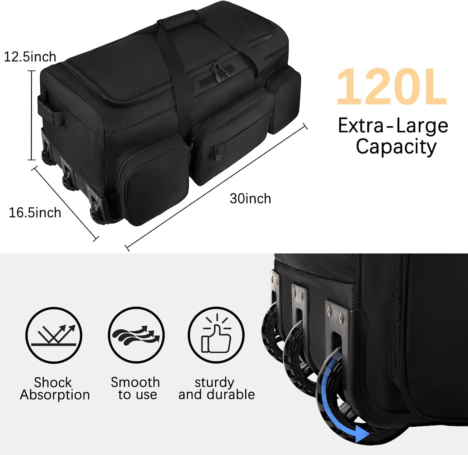 Rolling Duffle Bag with Wheels, 120L Military Luggage Bag for Travel,Large Tactical Heavy Duty Duffel Bags for Deployment Camping Sporting & Outdoor Adventures - Image 2