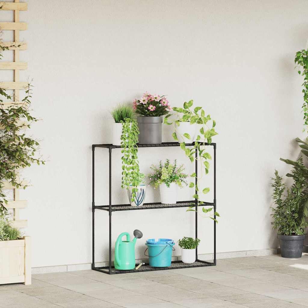 Moderno supporto per piante a 3 ripiani, nero, in acciaio, 100 x 32 x 102 cm, rettangolare, per esterni, con ripiani in rete per un drenaggio e una ventilazione ottimali, ideale