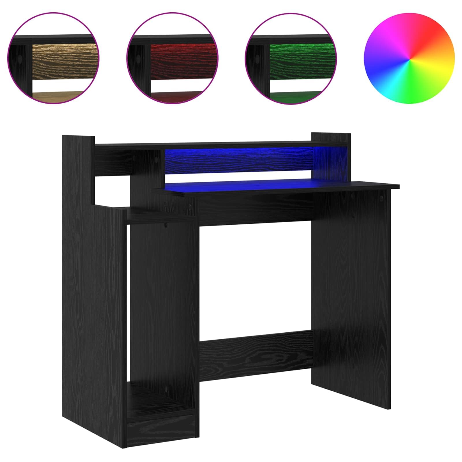 Schreibtisch Schwarz Eichen-Optik Holzwerkstoff 97 x 45 x 90 cm mit LED-Beleuchtung USB-Anschluss und 3 Regalen für Büro Homeoffice Arbeitszimmer Arbeitsplatz