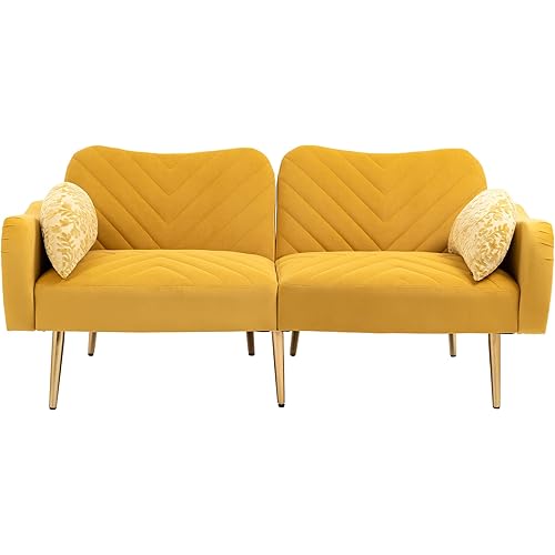 HomSof Loveseat Mustard Modern Sofa Small Couch for Living Room with Metal feet and 2 Pillows