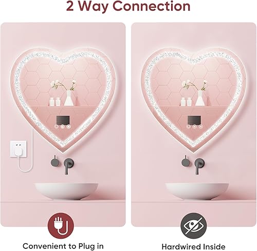 Miniatura 5 de Espejo de baño LED con luces de diamante triturado de 28 x 28 pulgadas, espejo de tocador LED con luz frontal antivaho en forma de corazón, montado