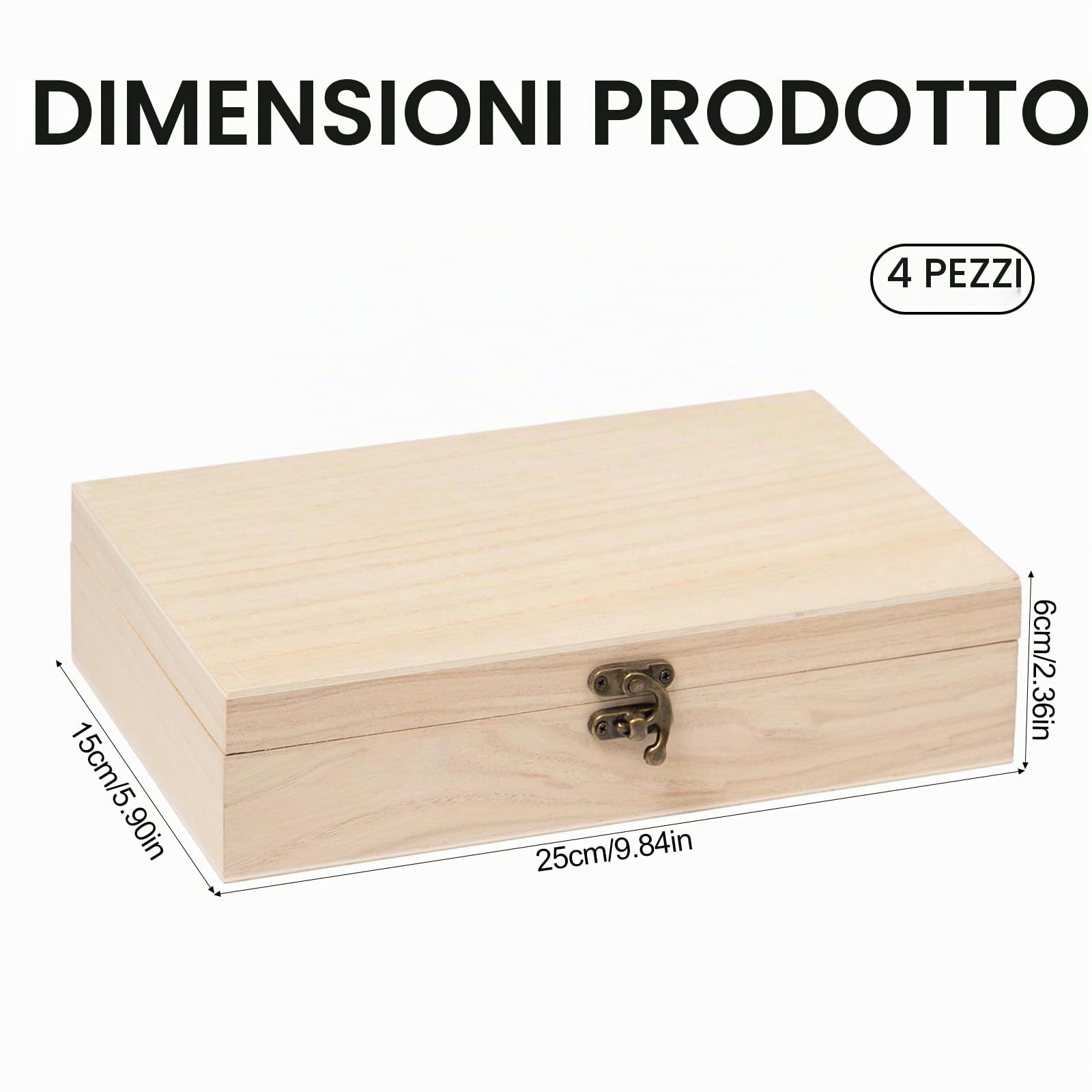4 Pezzi Scatola di Legno con Coperchio 25x15x6cm Scatola Portaoggetti Legno Grezzo Non Finita Cassetta in Legno Rettangolare con Cerniera e Chiusura a Scatto per DIY Decora