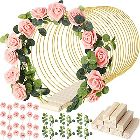 15 Pcs Metal Floral Hoop Centerpiece Gold Wreath Macrame Hoop Rings 15 Wooden Card Holders 30 Artificial Flowers Foam Fake Roses 30 Leaves for DIY Bouquet Craft Wedding Table Decorations (10 Inch) Cover