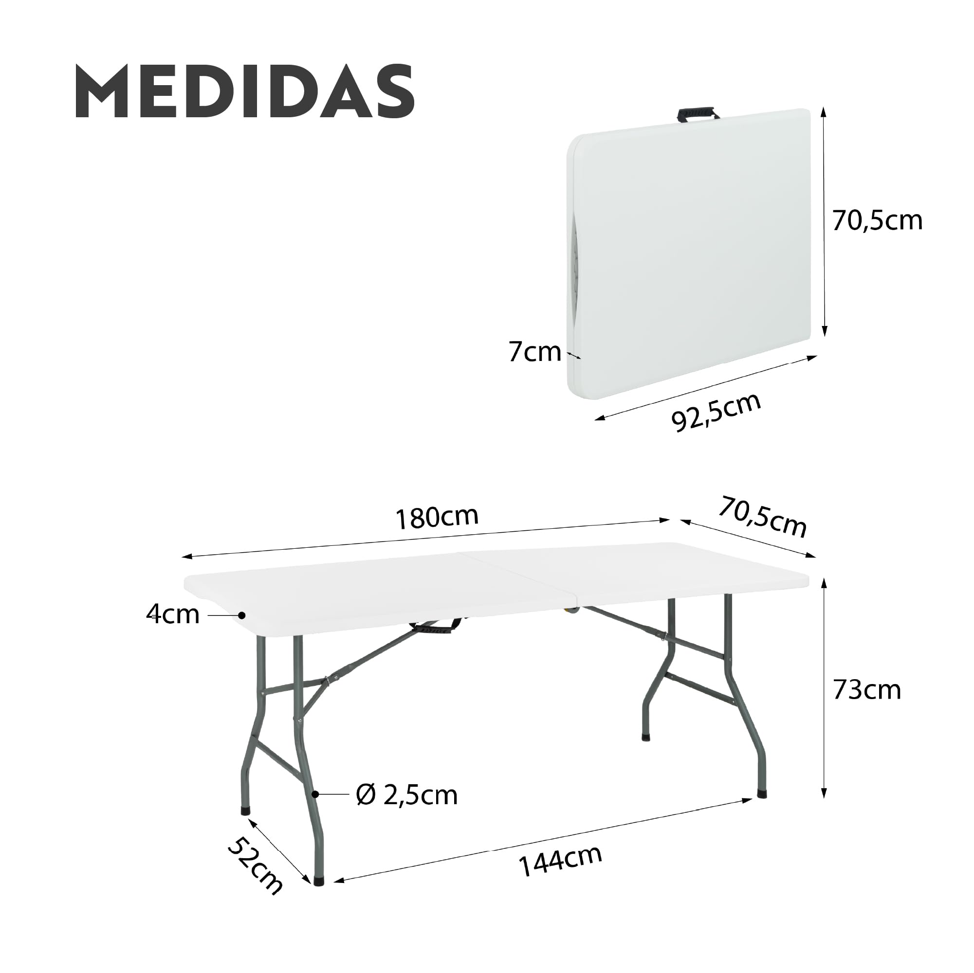 Mesa Plegable portátil de 180x70x74 cm | Mesa de Camping con Estructura metálica y Tablero HDPE Resistente | Capacidad 6/8 Personas, Carga 150 kg | Plegable con asa de Transporte