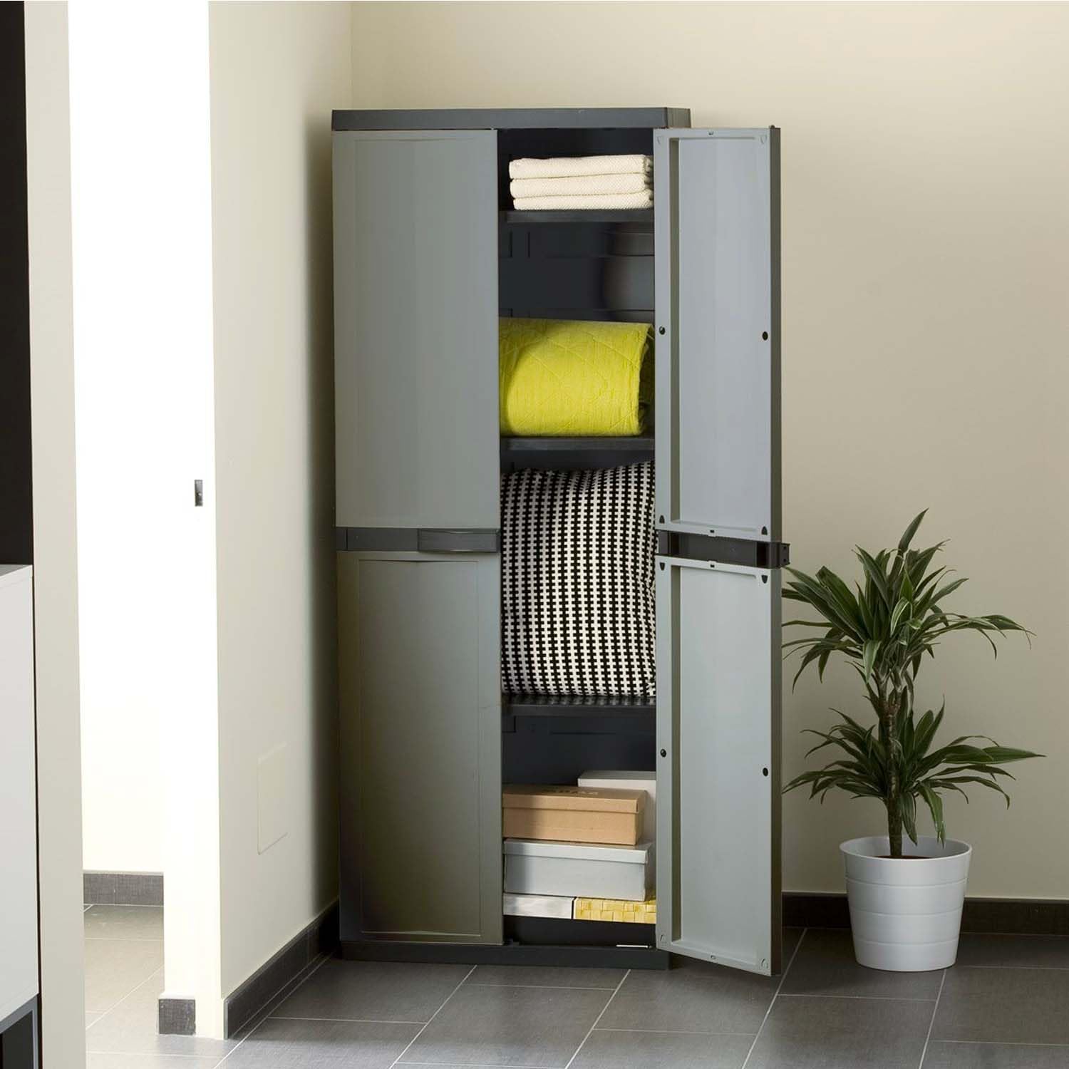 Avilia Juego de 2 muebles de plástico con estantes ajustables – Kit armario alto Tuttopiani y armario bajo, 65 x 37 x 165 cm y 65 x 37 x 85 cm, negro y gris