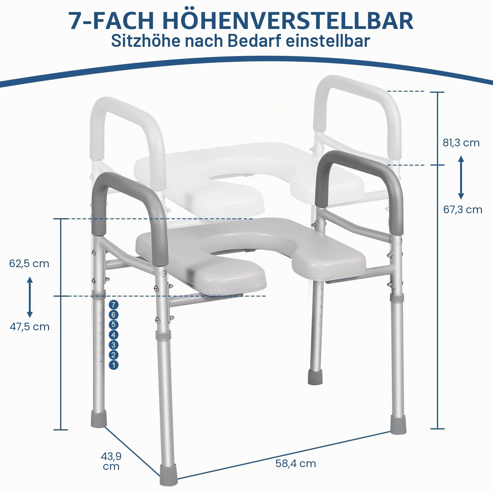 Höhenverstellbare Toilettensitzerhöhung für Senioren | bis 227kg, Mit Aufbewahrungstasche, gepolsterte Toilettensitzerhöhung mit Griffen für Senioren, Schwangere, Behinderung