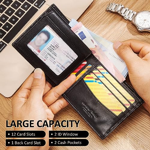 HUMERPAUL Mens Wallet with Chain, RFID Blocking Genuine Leather Bifold Wallet Minimalist With 2 ID Window (Black)4
