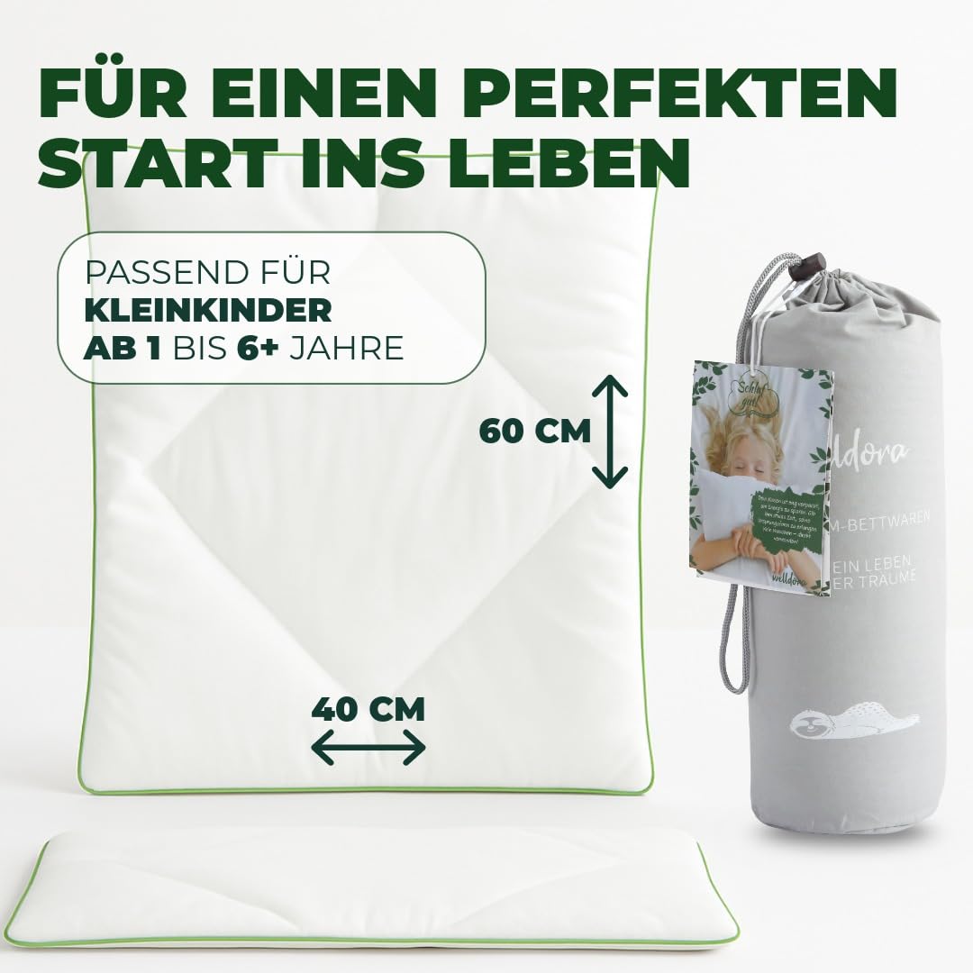 Welldora Kinderkissen 40x60 cm – flaches Kinderkissen (1–6+ Jahre), hautfreundlich & pflegeleicht, 100% Baumwollbezug, Oeko-TEX® Zertifiziert, waschbar & liebevoll gestaltet