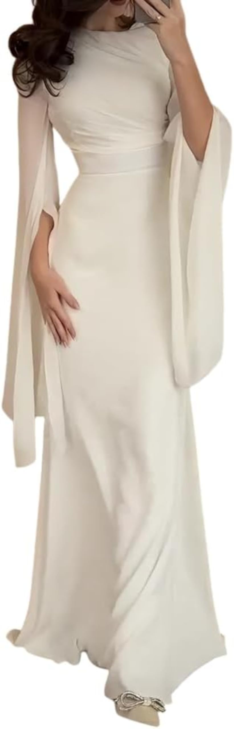 Eleganti Abiti Lunghi da Damigella D'onore da Banchetto Abiti da Ballo Colore Solido Splicing Swing Sleeve Girocollo Lunghi in Raso Sottile