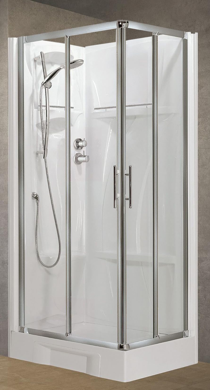 Novellini New Holiday A90 Standard 90 x 90 cm Cabina de ducha multifunción apertura 2 puertas correderas 2 fijas ángulo izquierdo derecho mezclador mecánico cristal transparente perfil plateado altura