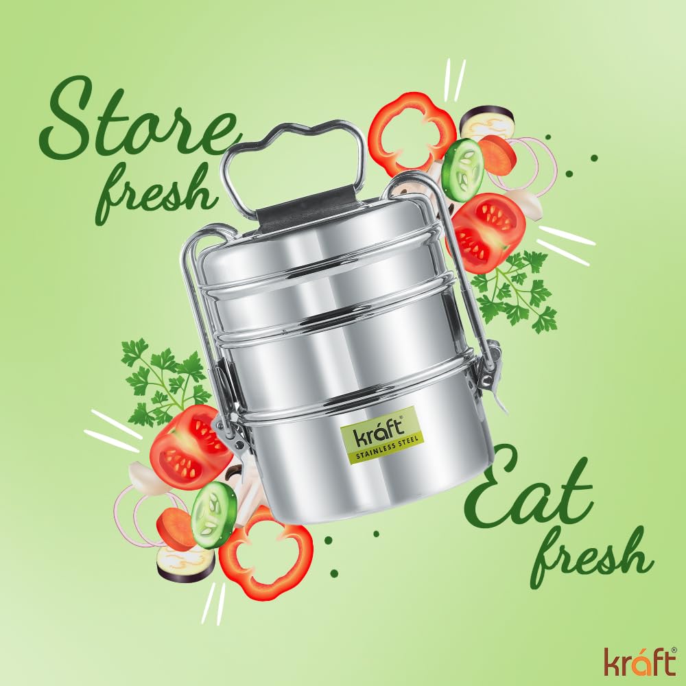 Kraft - Fiambrera de acero inoxidable con 3 compartimentos y asa, 2440 ml, con tapa, a prueba de fugas, para oficina, escuela, contenedor de alimentos, ideal para hombres y mujeres, color plateado