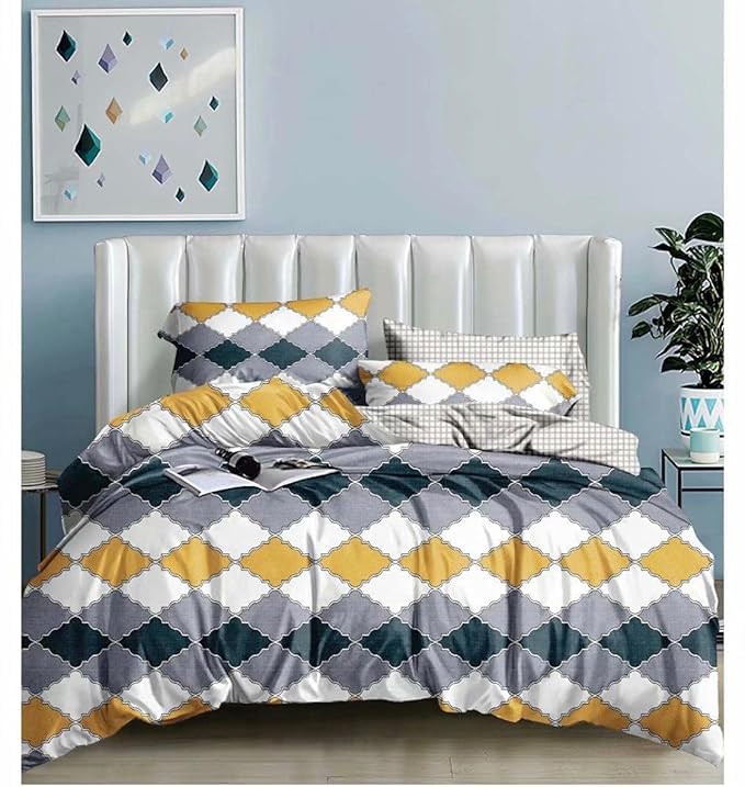 Image of Cotton Feel All Around Elastic Fitted Bedsheet Set for Double Bed Queen Size with 2 Pillow Covers (60 inch x 78 inch inches, MultiDiamond)