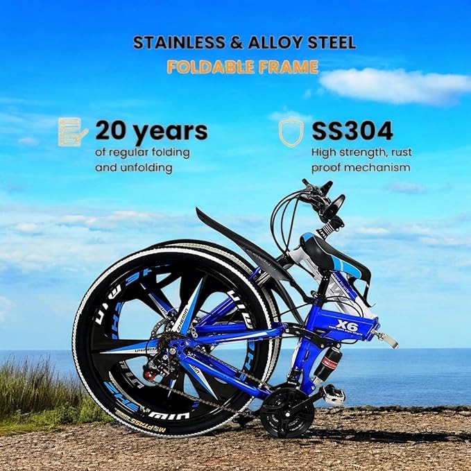 Image of Amaze Kai Dual Suspension Bikes Bmv Foldable Gear Cycle for Men with 21 Speed Gear 3 Spoke | Folding Mountain Bike with Double Disc Break & Mac Wheel, 26 Inch (Blue)