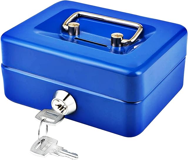 Small Cash Box with Key Lock, Portable Metal Money Box with Double Layer & 2 Keys for Security 12.5 * 10 * 5.6cm (S, Blue)