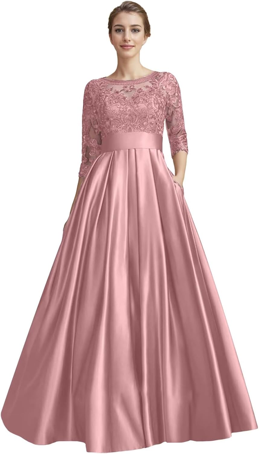 Mother of The Bride Gown A-line Scoop Floor-Length Satin Lace Boatneck Zipper 3/4 Sleeves Dress with Bow Sequins