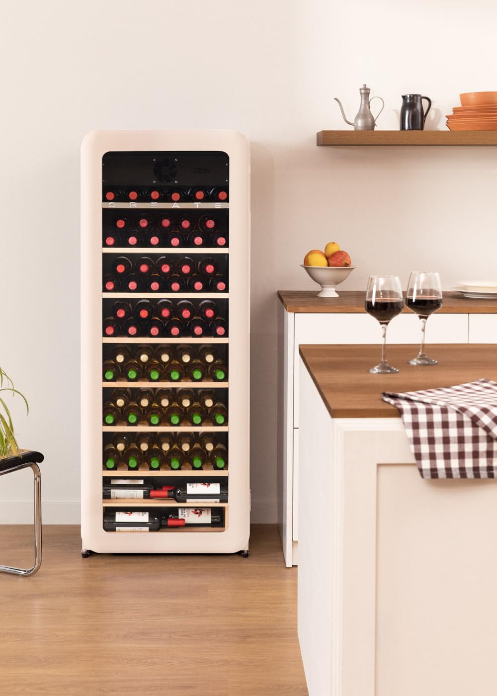 CREATE/WINECOOLER RETRO XXL/Cave à vin électrique 76 bouteilles, blanc cassé/Design rétro, 208L, bouteilles 75cl, matériaux robustes