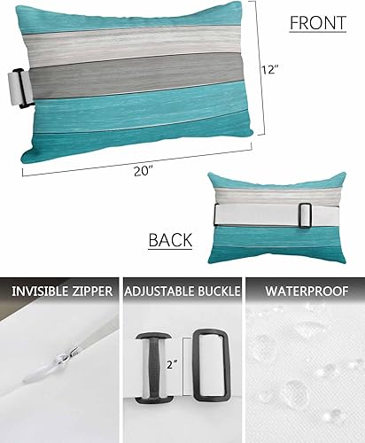 Miniatura 3 de Paquete de 4 fundas de almohada lumbares impermeables para exteriores, impermeables, color verde azulado, degradado de madera de granero, para