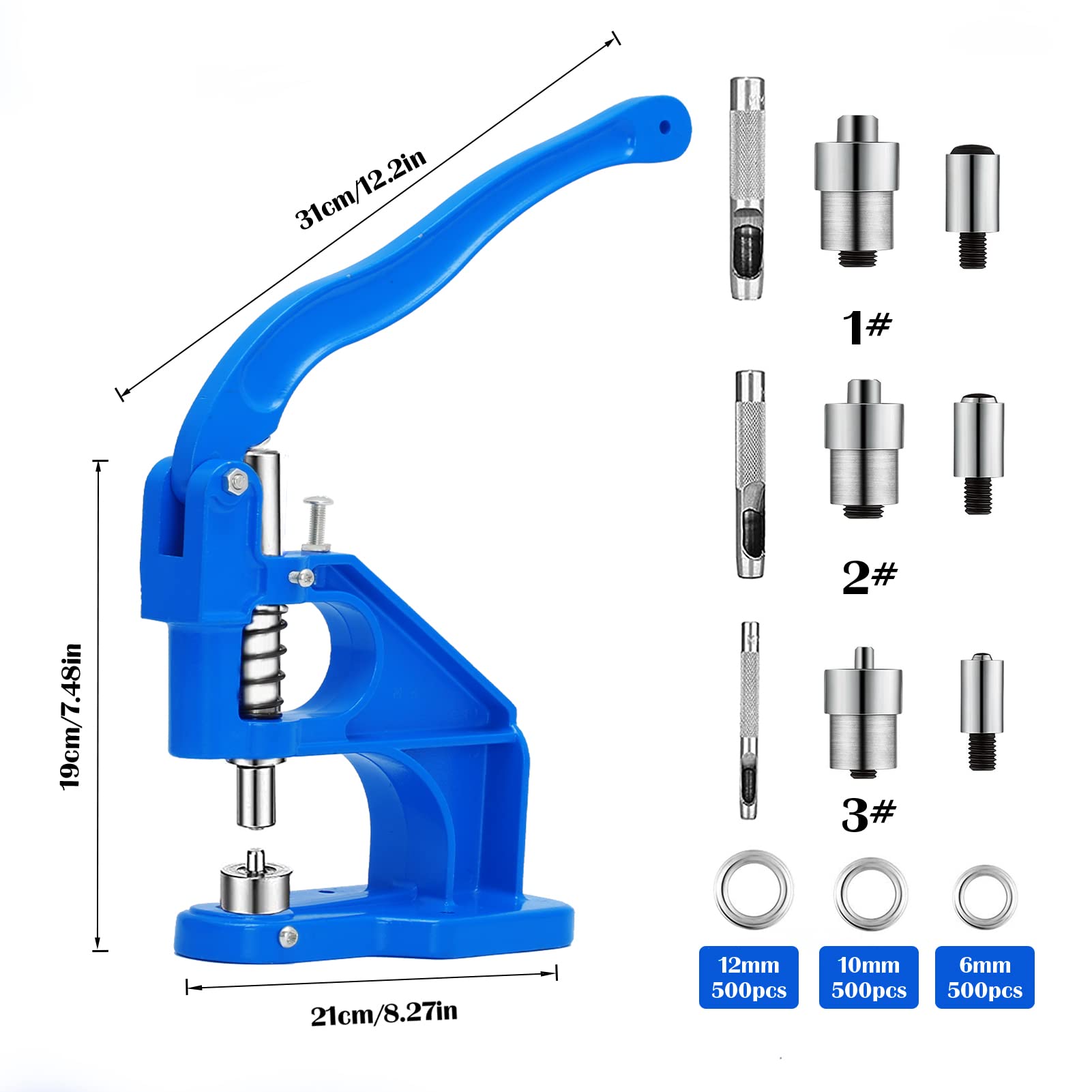 Set di 1500 occhielli pressacavi a pressione con 3 matrici da 6/10/12 mm e 3 fori per occhielli rivetti, tessuti e tende in pelle