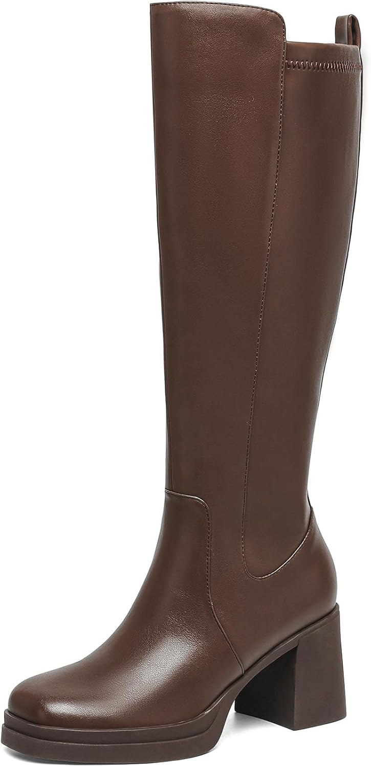 Knee High Boots Women Platform Chunky Heel Square Toe Tall Boot for Women High Heeled Side Zipper Long Boots