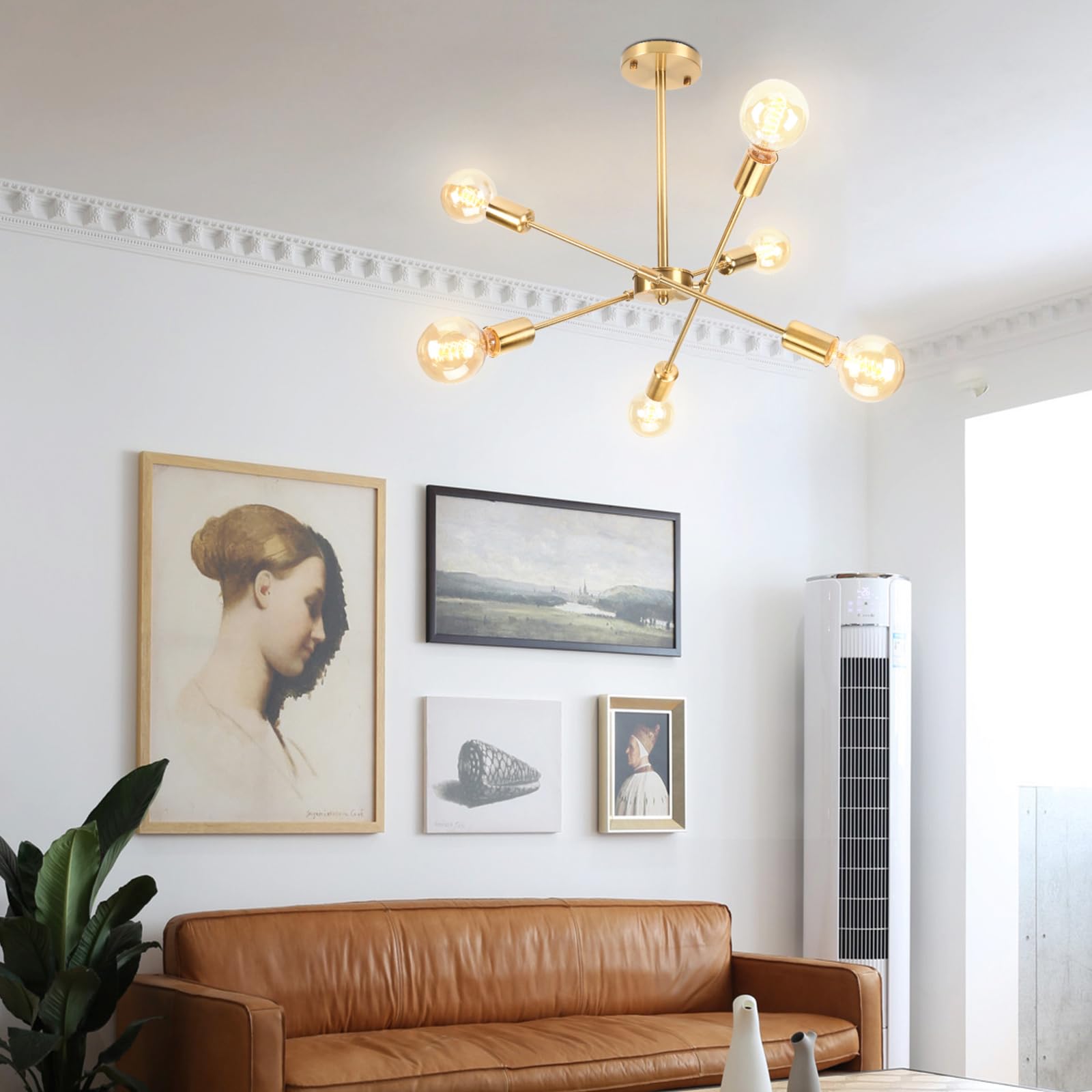 iDEGU żyrandol przemysłowy, 6 świateł, lampa sufitowa, LED, vintage, metalowa, regulowana, zawieszka, E27, oświetlenie retro, lampa sufitowa, do salonu, kuchni, jadalni, sypialni (złota)
