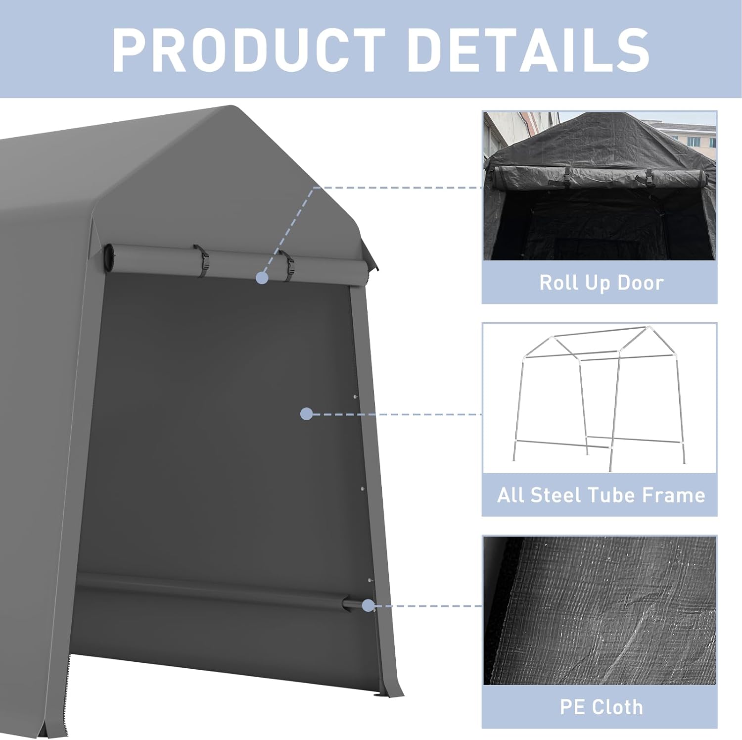 6X8FT Heavy-Duty Portable Outdoor Shelter Shed - Waterproof UV-Resistant Carport with Roll-Up Zipper Doors & Vents, Anti-Snow Motorcycle Garage Tent, Grey - Image 4
