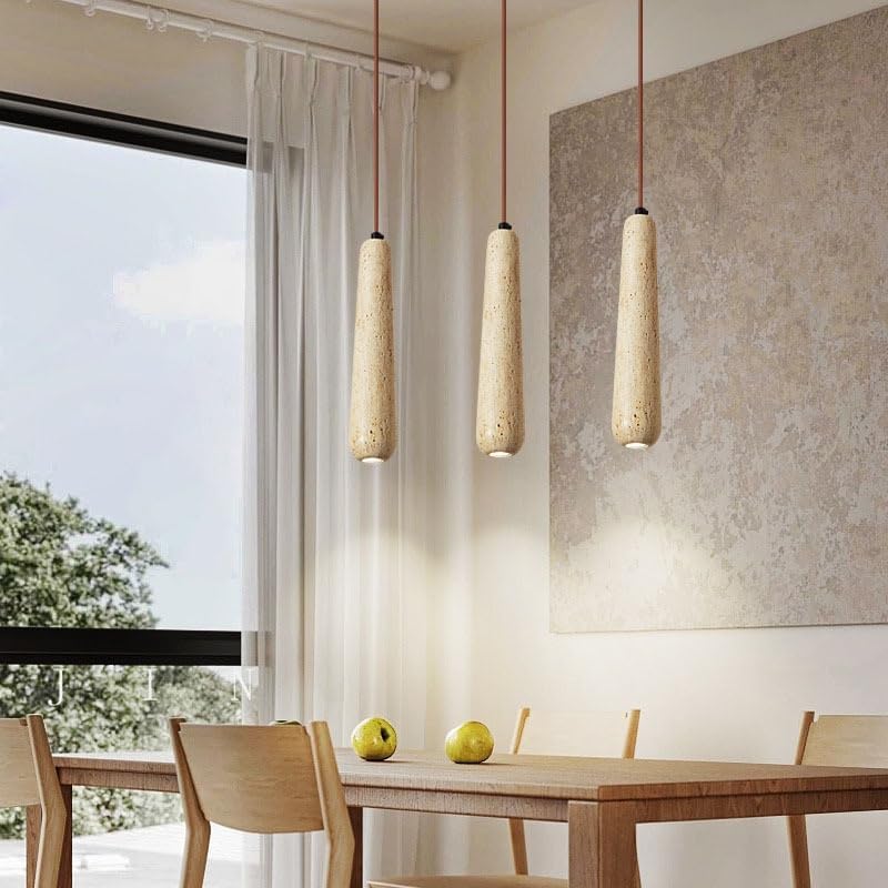 Vista 2 de Luces colgantes modernas con forma de tira larga, lámpara colgante de techo con pantalla de travertino amarillo nórdico, paquete de 2 lámparas