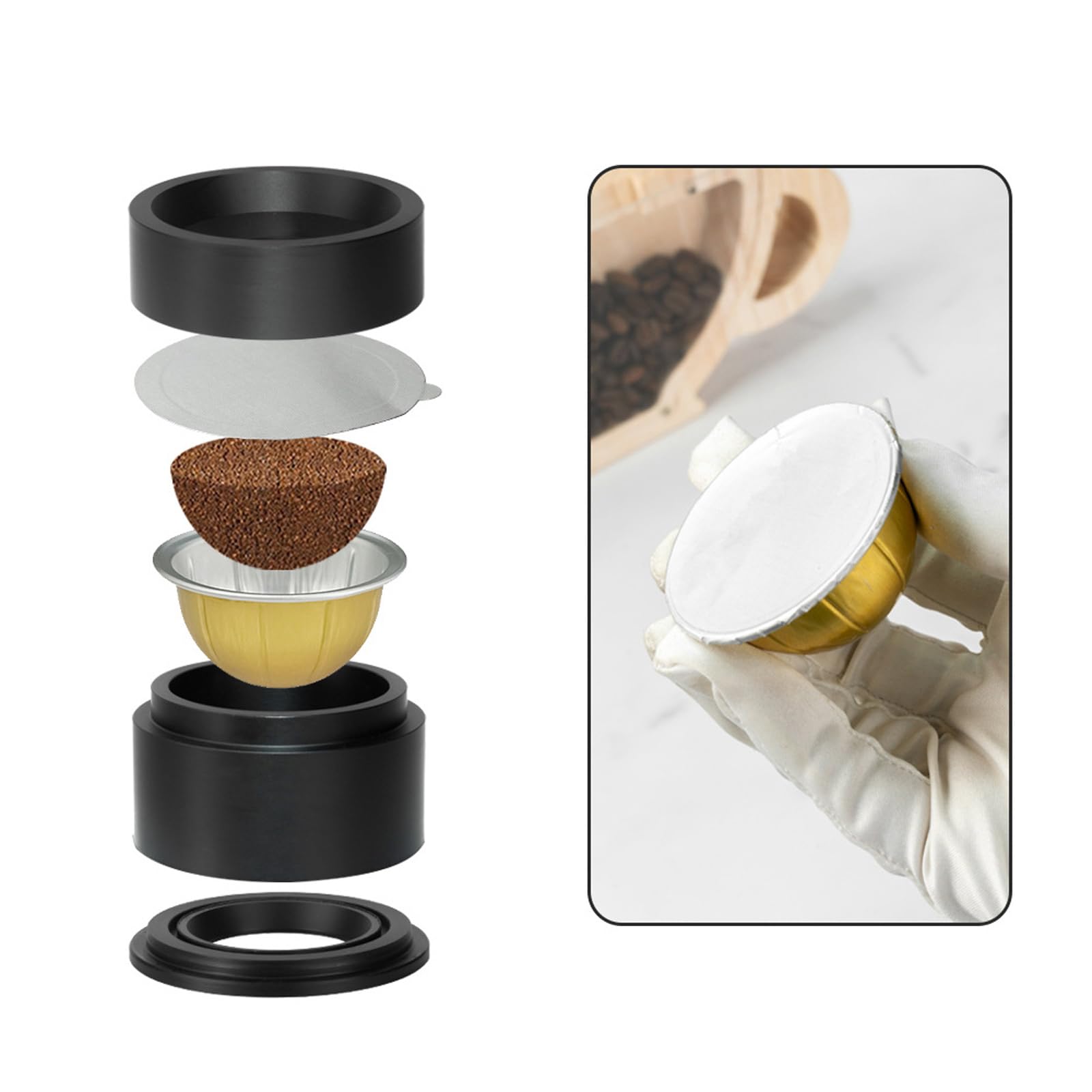 Strumento di ricarica multifunzionale per tazze da caffè con applicatore per pellicola sigillante e funzione di rimozione del coperchio, ricarica più veloce per risparmiare tempo, supporto