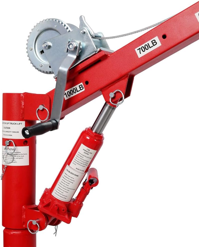 Pickup Truck Crane with Manual Winch, 1000 lb Capacity, Adjustable Boom (500–1000 lbs), 360° Swivel Base, Heavy Duty Steel Truck-Mounted Hoist for Loading in Warehouse, Factory, Construction – Red