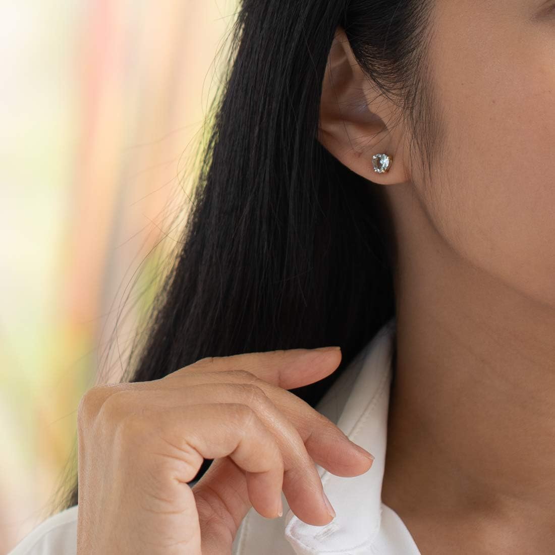 Peora Solid 14K White Gold Aquamarine Heart Stud Earrings for Women, Genuine Gemstone Solitaire Studs, 6mm, 1.50 Carats total, Friction Back, Blue Aquamarine Jewelry, March Birthstone Earrings